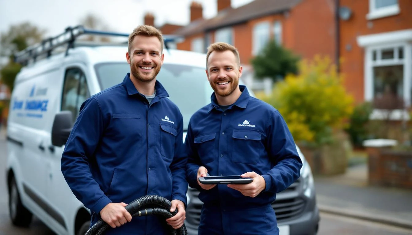 Swindon Blocked Drains team of professional drainage engineers standing in front of their company van