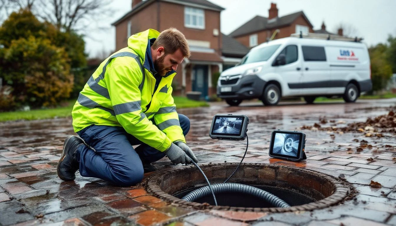 Professional drainage engineer kneeling beside an open drain inspection cover on a residential driveway in Swindon, reviewing drain survey footage on a portable monitor