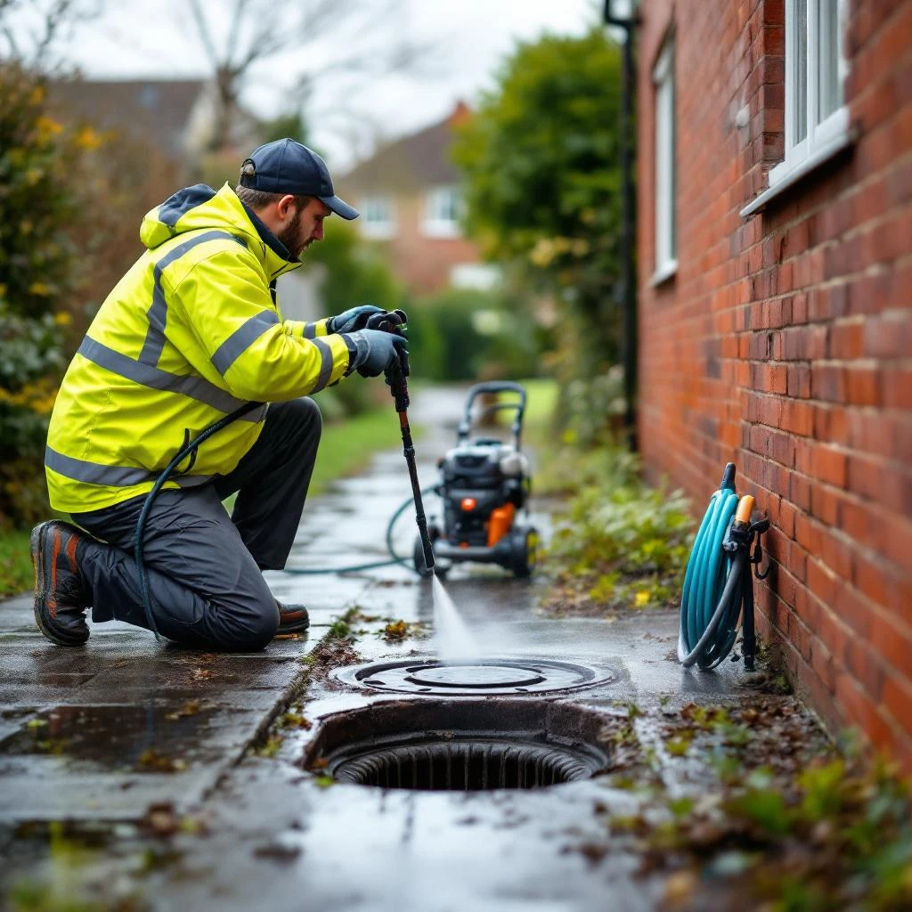 Professional drainage engineer unblocking a drain at a Swindon residential property